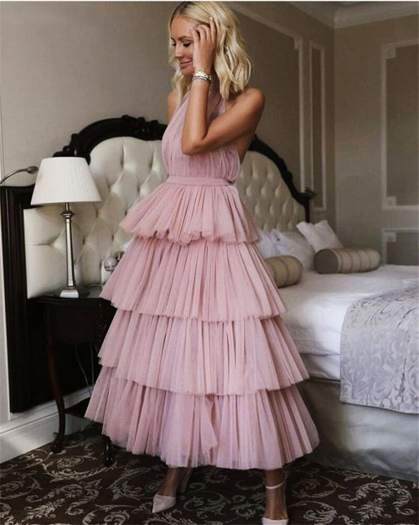 SSR0593,Cheap Pink Prom Dress Tulle Layers Long Prom Evening Dresses