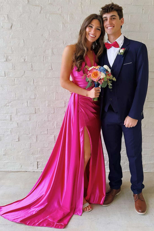 Halter Fuchsia Satin Empire Long Formal Dress