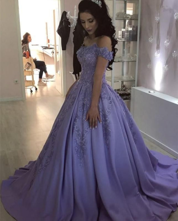SSR0641,Lilac off the shoulder ball gown applique prom dress