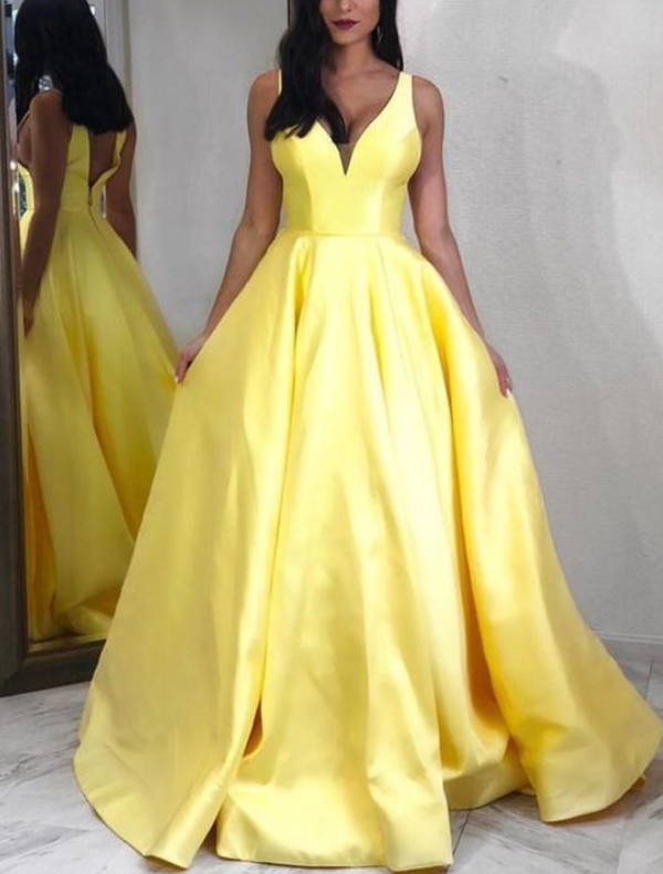 SSR0386,A-line yellow satin prom dress evening dresses long party gown