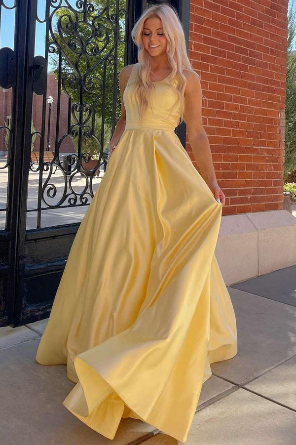 SSR1597,Yellow Cutout Back A-Line Formal Dress with Rhinestones Evening Gown