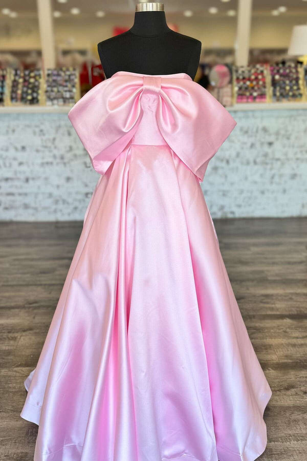 Bow Front Pink Satin A-line Long Formal Dress