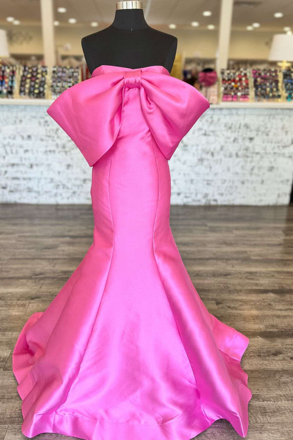 Bow Front Pink Satin Mermaid Long Formal Dress