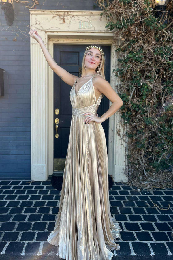 Pleated Silver Metallic A-line Long Formal Dress