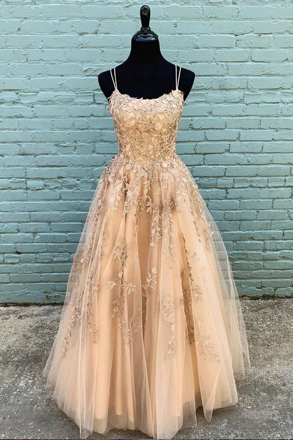 SSR0051,A-line Spaghetti Straps Lace Popular Elegant Prom Dresses
