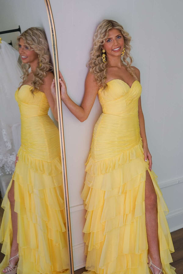 Ruched Yellow Ruffle Fitted Long Prom Dress with Slit