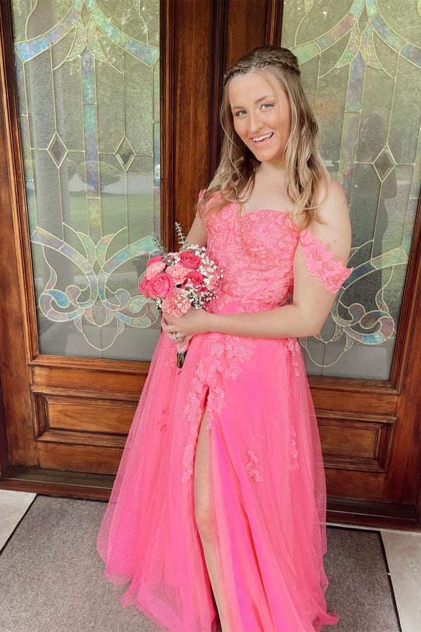 Off the Shoulder Hot Pink Appliques A-line Long Dress
