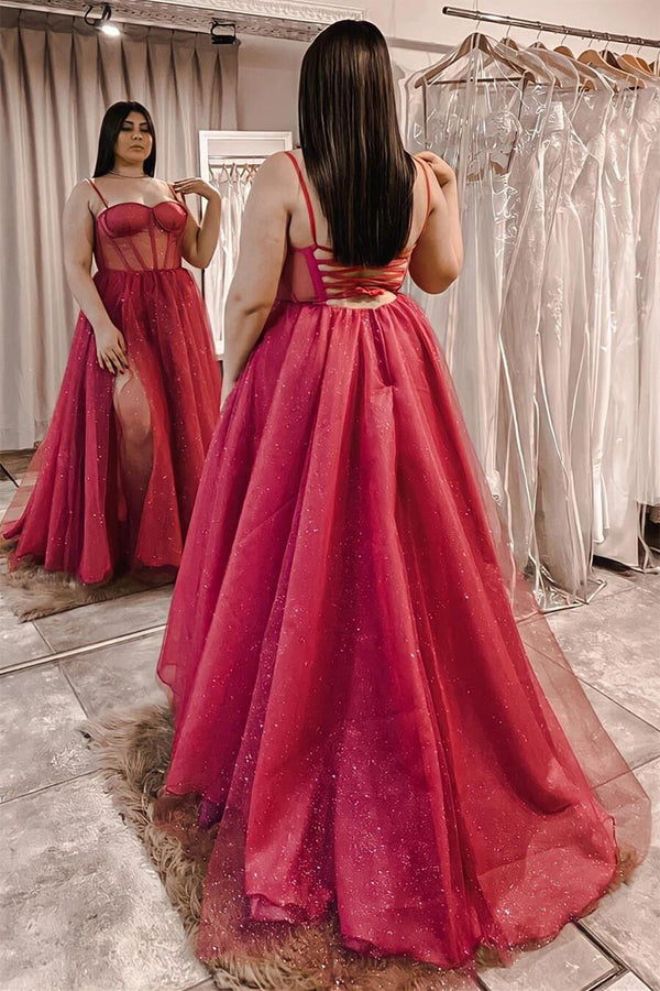 Red Sheer Corset A-line Long Formal Dress