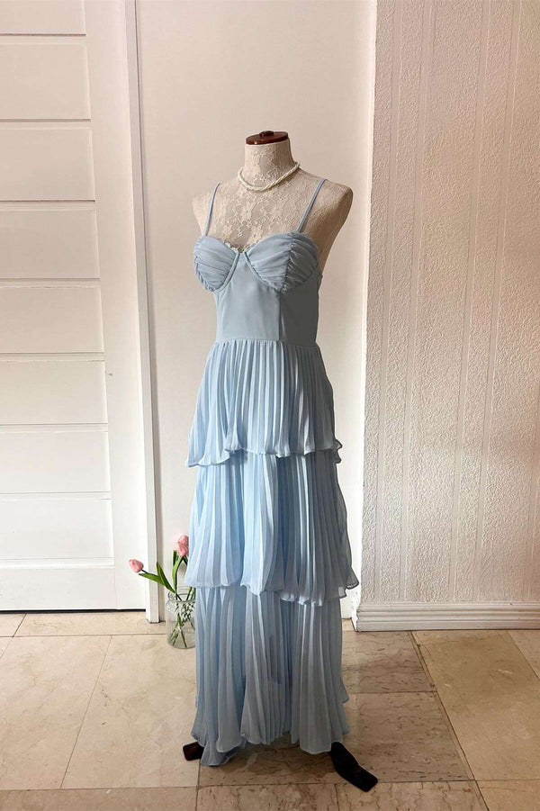 Straps Light Blue Chiffon Pleated Tiered Party Dress