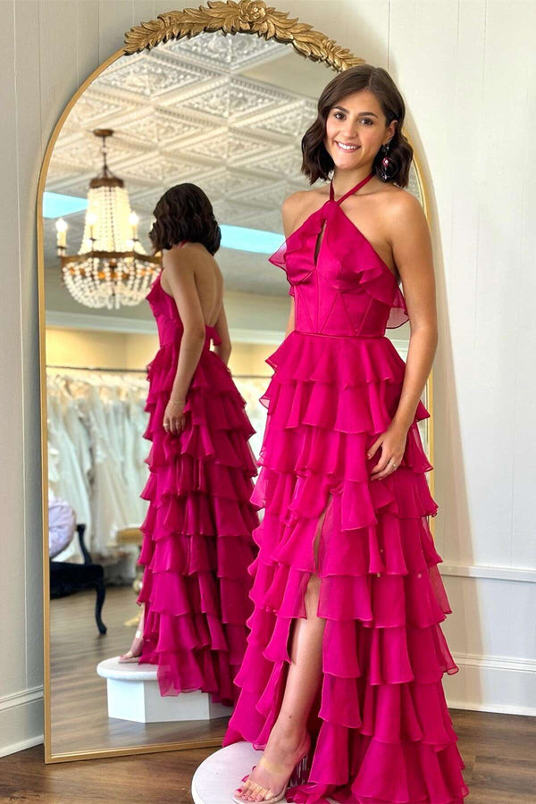 Halter Fuchsia Ruffle A-line Long Formal Dress