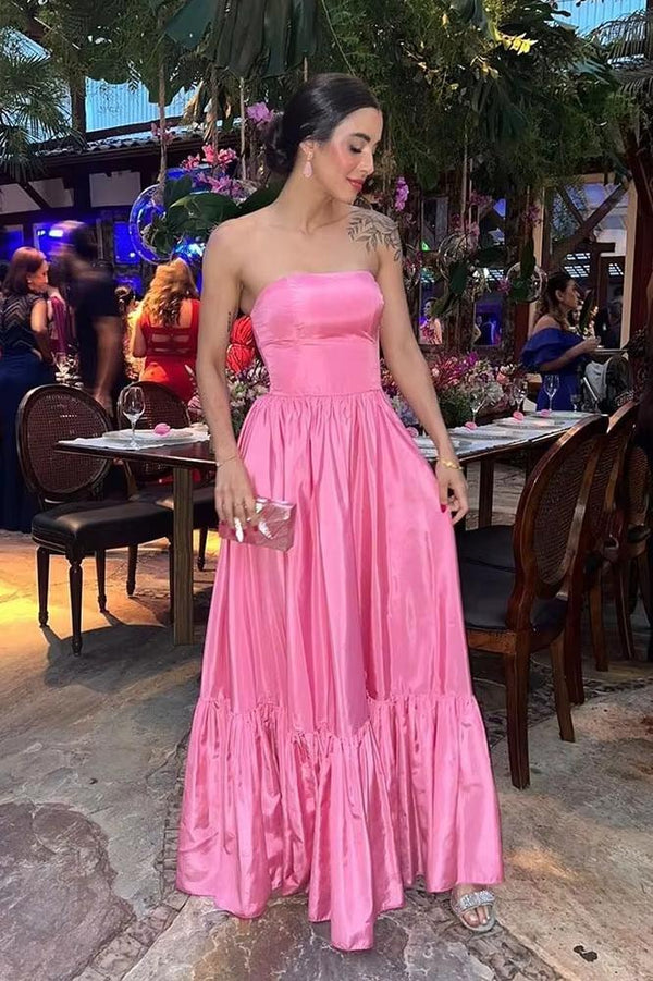Strapless Pink A-line Taffeta Long Formal Dress