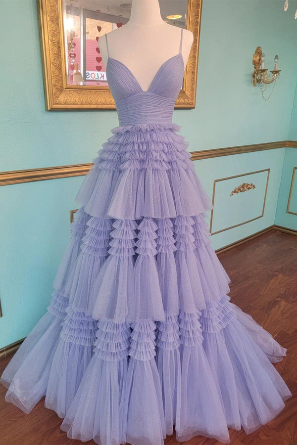 Straps Periwinkle Tulle Ruffles A-line Formal Dress