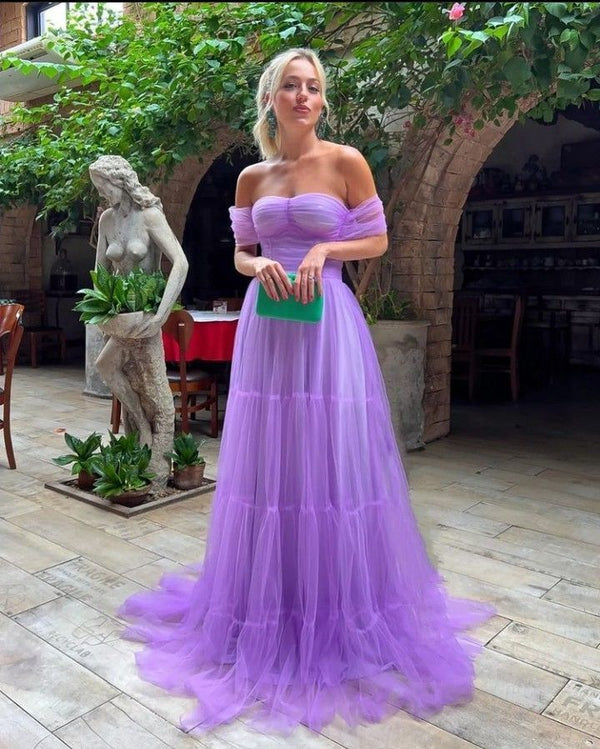 SSR1205,Off the shoulder purple evening prom dresses,pleated a-line prom dresses