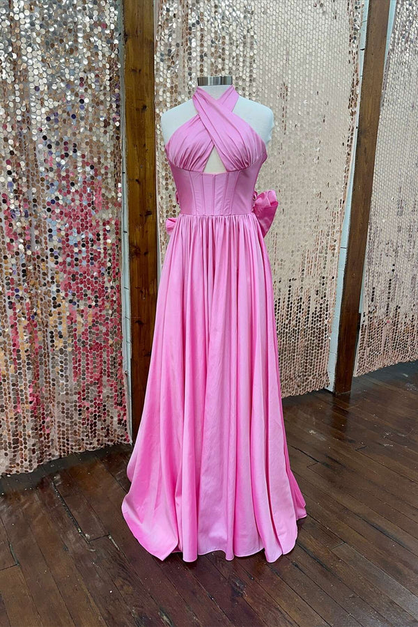 Halter Pink Taffeta A-line Long Formal Dress