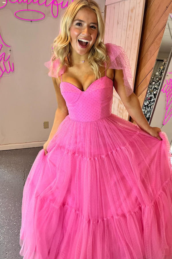 Hot Pink Polk Dots A-line Long Formal Dress