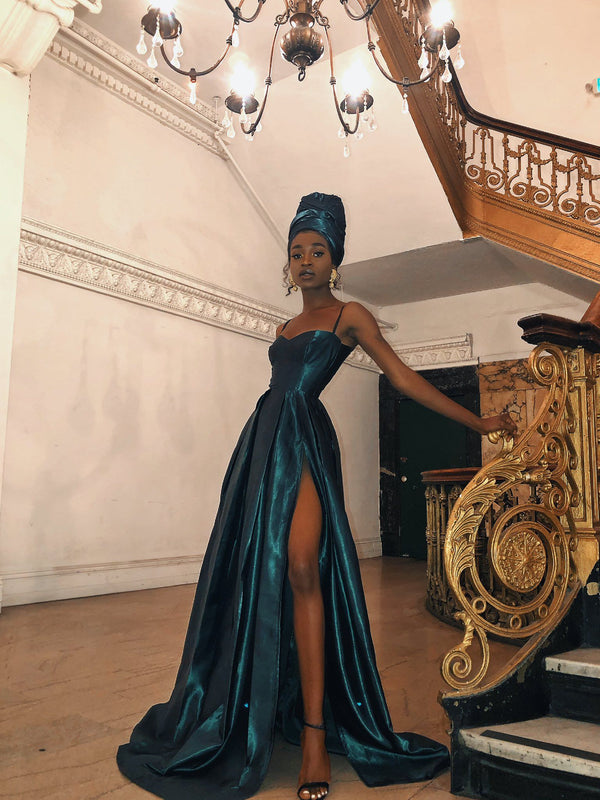 SSR0125, Discount Spaghetti straps long dark green prom dresses, satin A-line evening prom dress