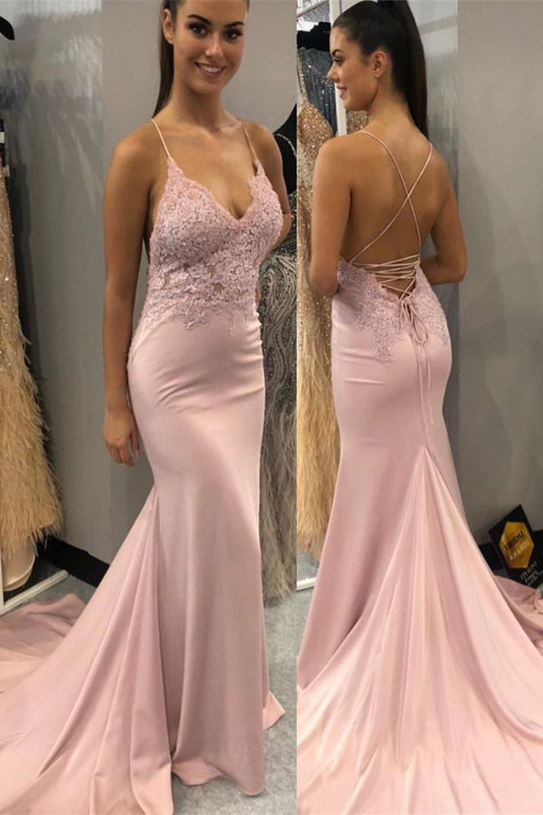 SSR0885,Light pink mermaid applique satin long prom dress