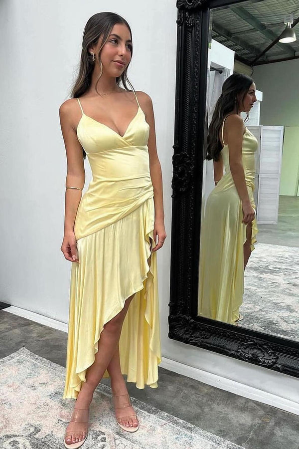 Straps Yellow Silk Ruffle Party Dress