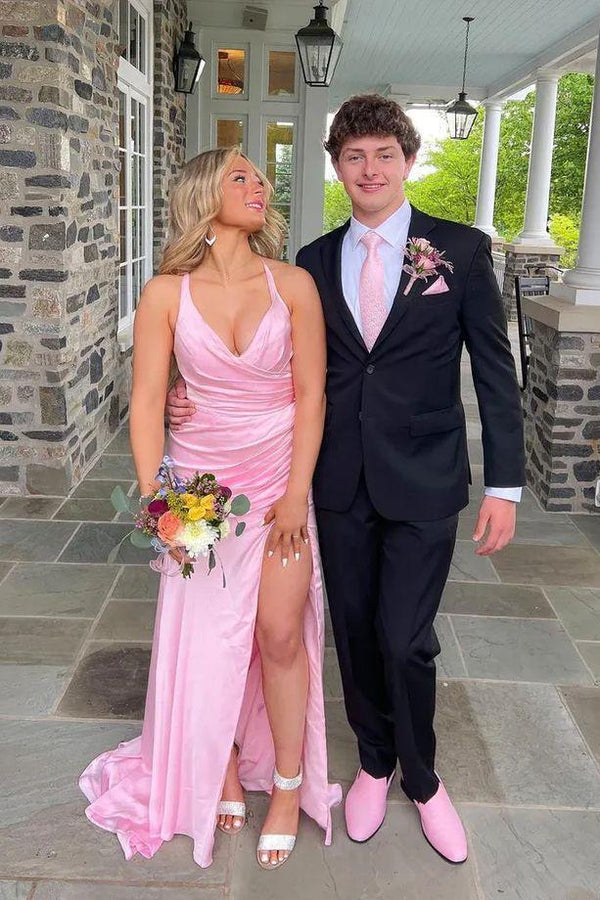 Straps Pink Ruched Long Formal Dress with Slit