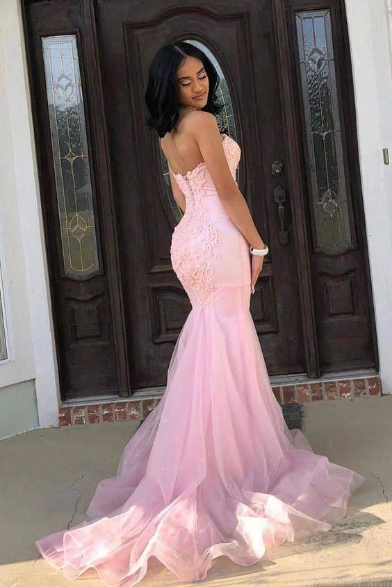 SSR09420,Romantic Pink Sweetheart Sleeveless Lace Mermaid Prom Dresses with Train