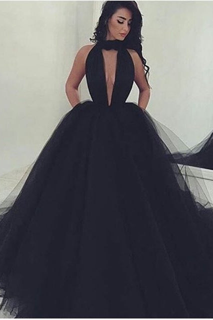 Black High-Neck Tulle Evening Dress PD026