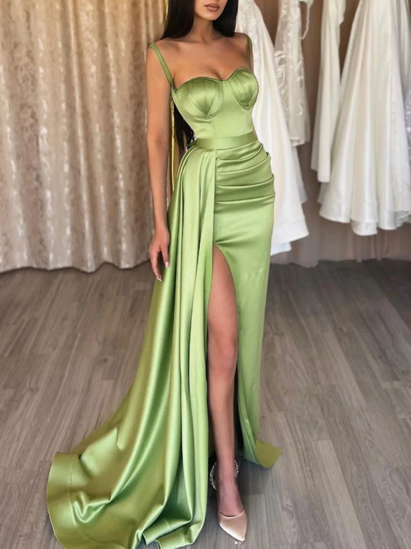 SSR1567,Chic green sweetheart satin long prom evening dresses with split