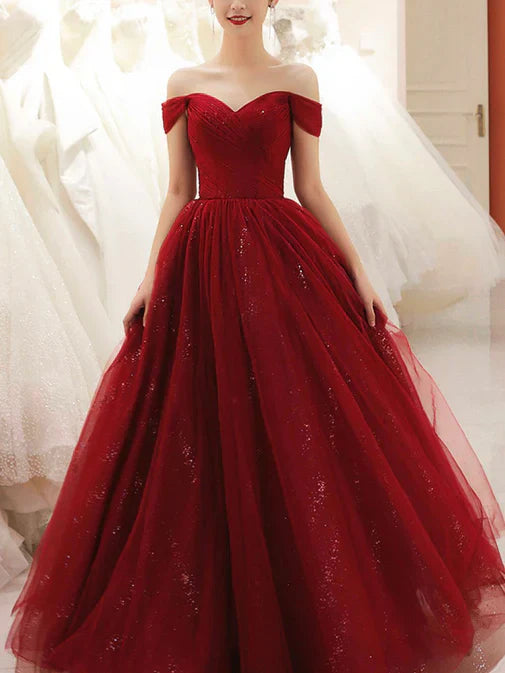 Glam Wine Red Sweetheart Tulle Shiny Long Prom Dress Party Dress Formal Dress Off Shoulder Evening Dress