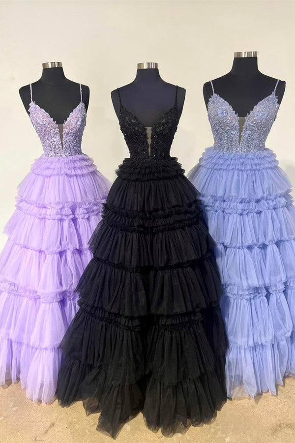 Straps Tulle Ruffle Long Formal Dress