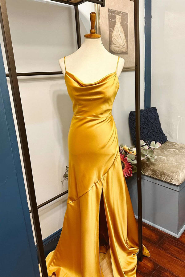 Straps Cowl Neck Yellow Soft Satin Long Party Dress