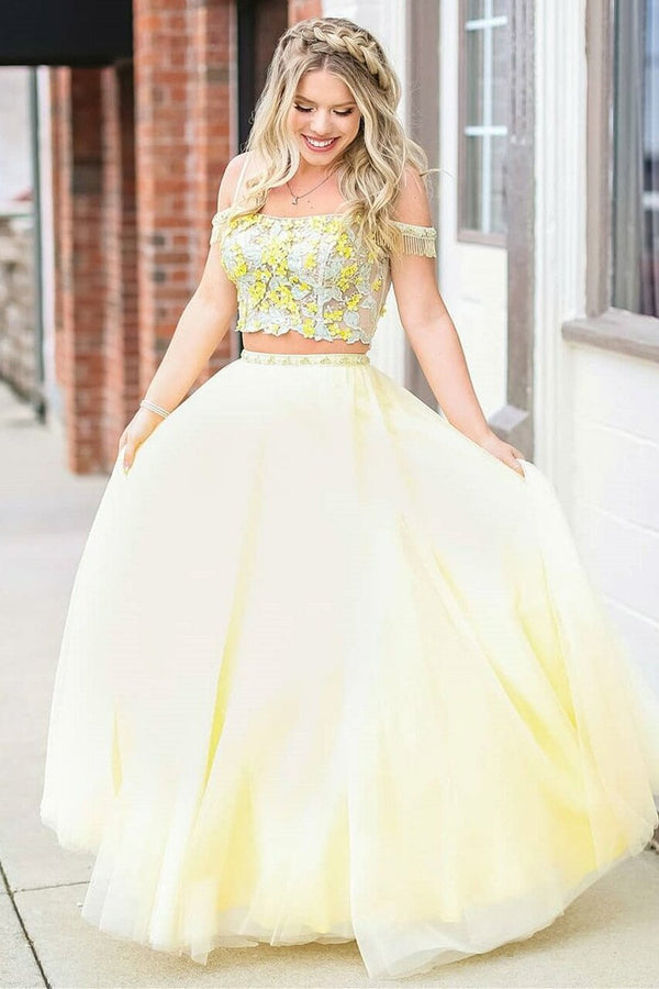 SSR0789,Lace Top Elegant Lace Appliques Two Piece Yellow Long Prom Dress