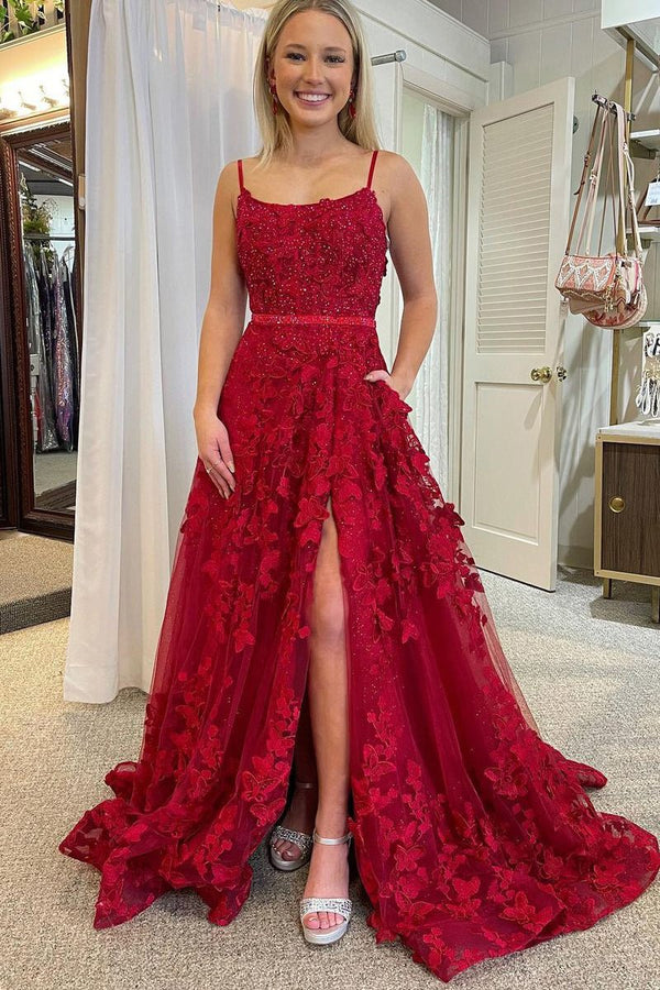 Shana |?Cute A Line Scoop Neck Red Lace Prom Dresses with Beading