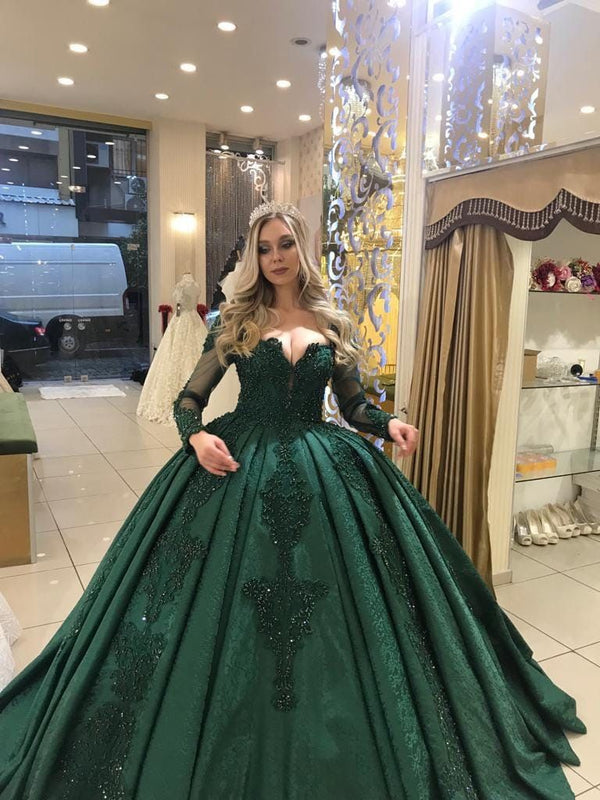 SSR0660,Green Long Sleeves Prom Dresses with Appliques Quinceanera Gowns