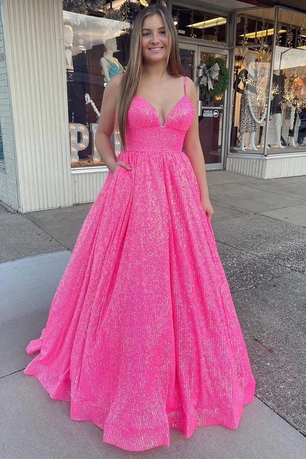 Sparkle Pink Sequins Prom Dresses Evening Ball Gown