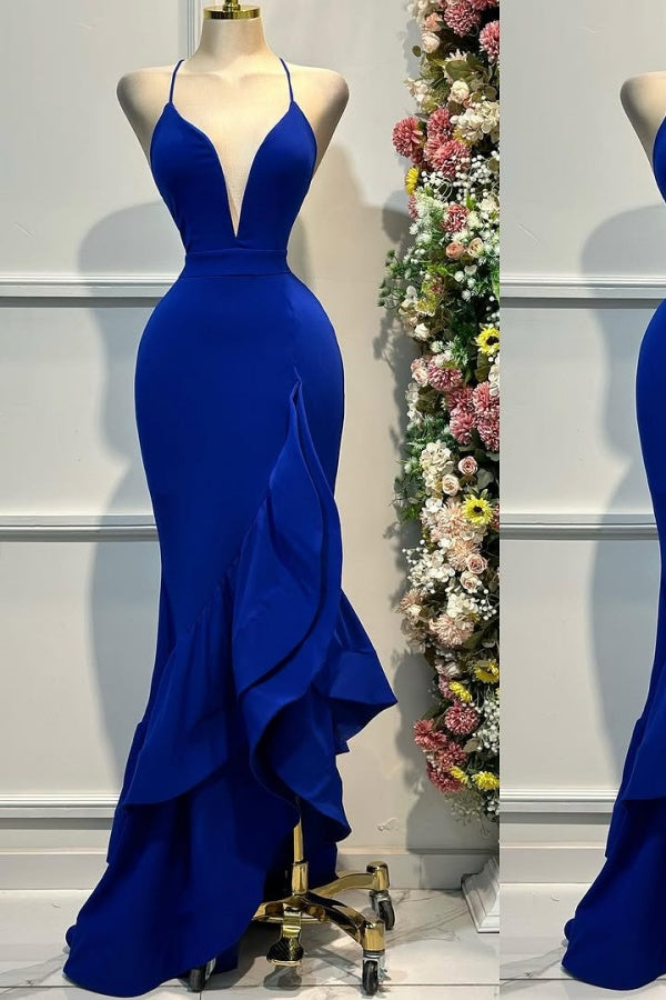 Royal Blue V-Neck Ruffles Backless Prom Dress ssr0461