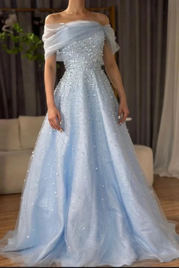 Sky Blue Off-The-Shoulder Sequins A-Line Prom Dress ssr0550
