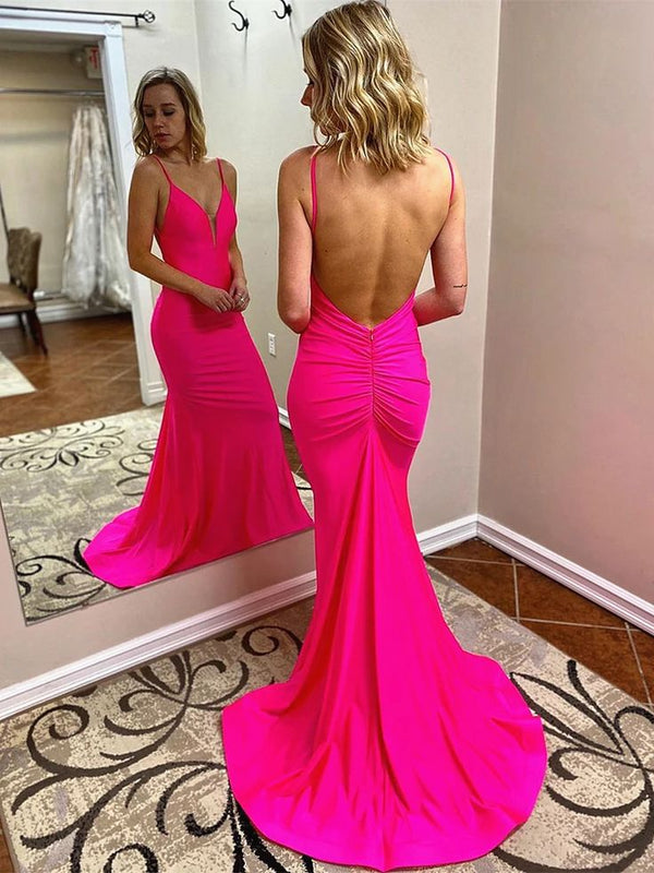 SSR0881,Hot pink sexy prom dresses mermaid open back pleated long prom dress