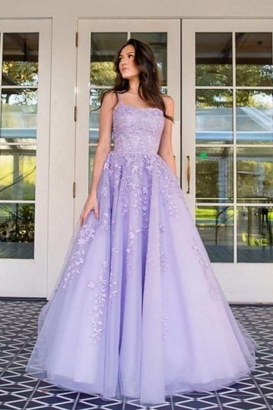 SSR0919,Lavender Spaghetti Straps Tulle Long Prom Dresses with Appliques and Beading,Formal Dresses
