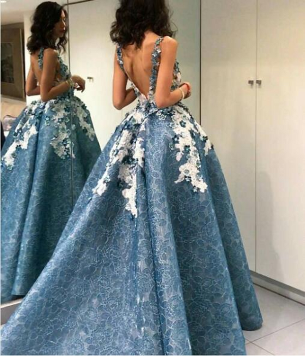 SSR1007,Blue prom dresses lace high low v back long evening dress