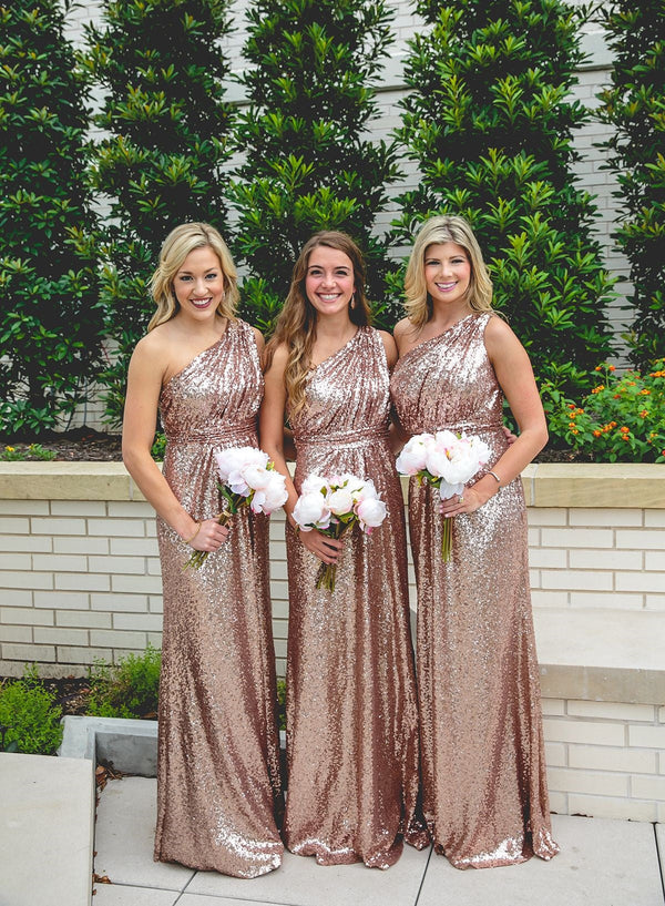 One Shoulder Rose Gold Sequins Long Bridesmaid Dress