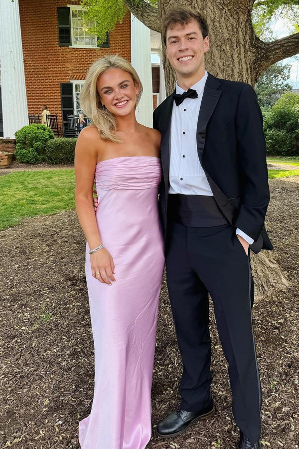 Ruched Strapless Pink Long Party Dress