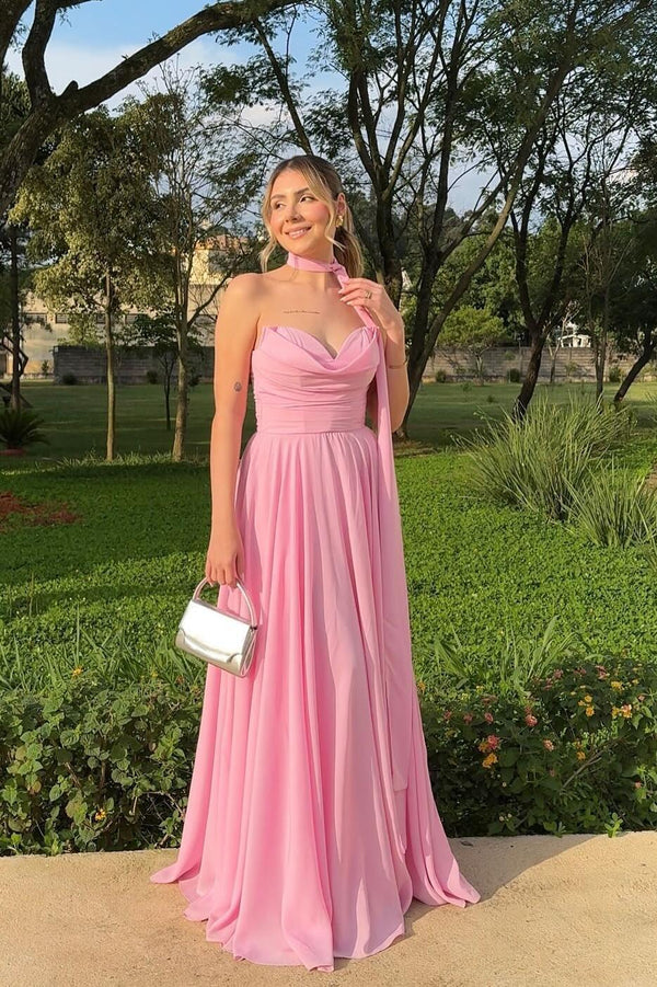 Strapless Pink Chiffon A-line Long Formal Dress