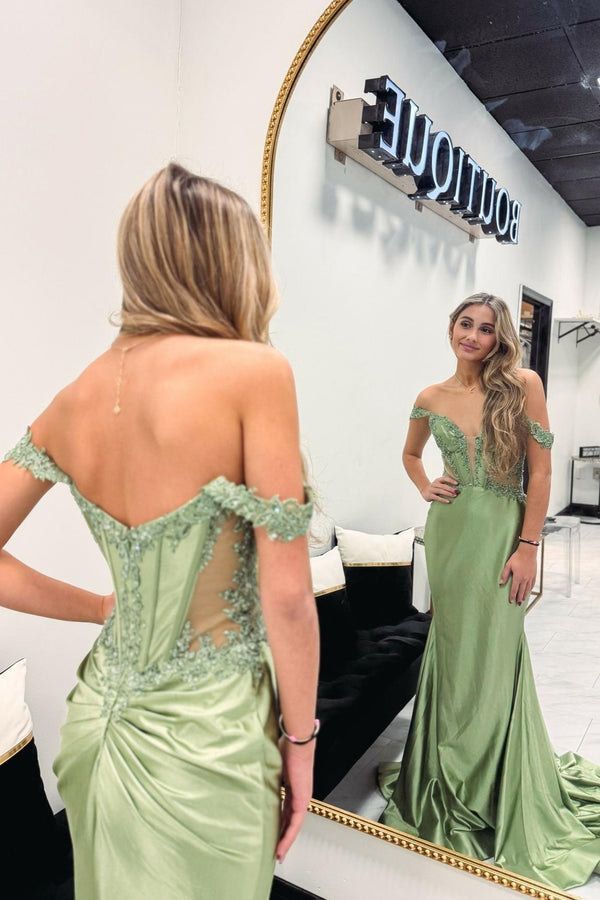 Off the Shoulder Sage Green Appliques Satin Mermaid Prom Dress