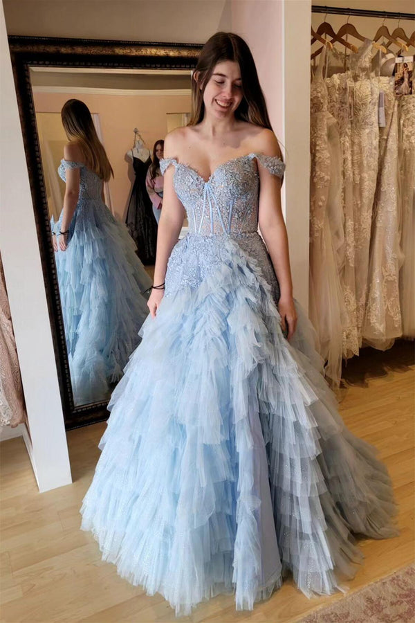 Off the Shoulder Light Blue Lace and Tulle Tiered Prom Dress