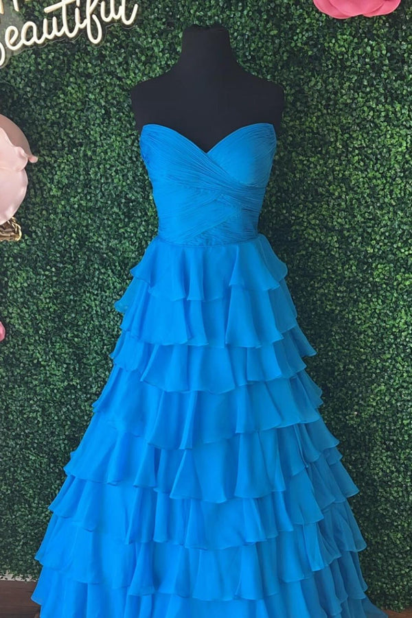 Sweetheart Blue Chiffon Tiered A-line Formal Gown