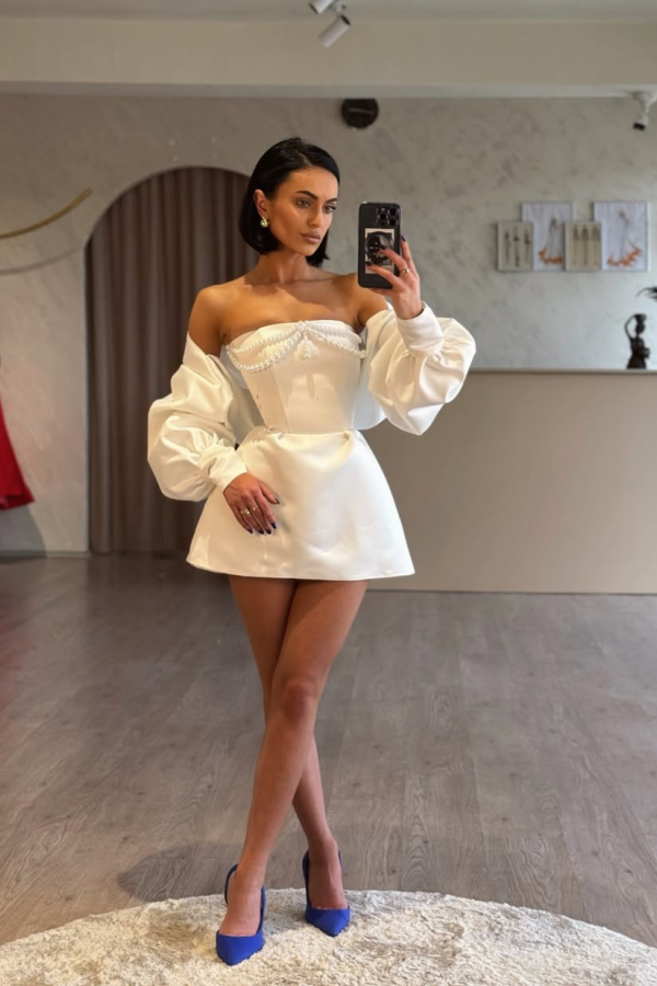 Ivory Strapless Pearls Short Mini Puff Sleeves Prom Dress ssr0684