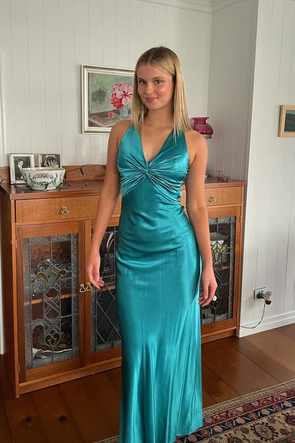 Turquoise Twist Sheath Silk Long Party Dress