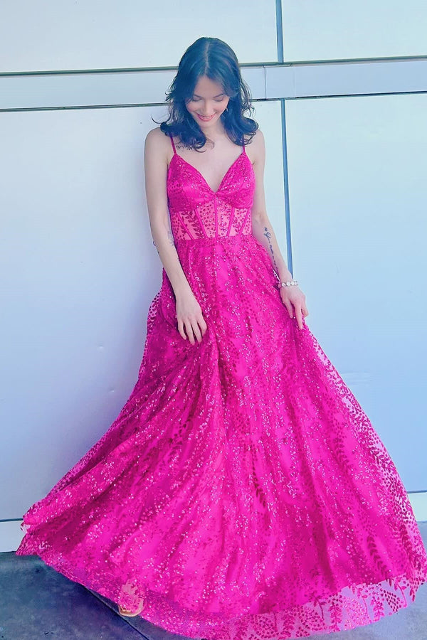 Straps Fuchsia Sheer Corset A-line Long Formal Dress