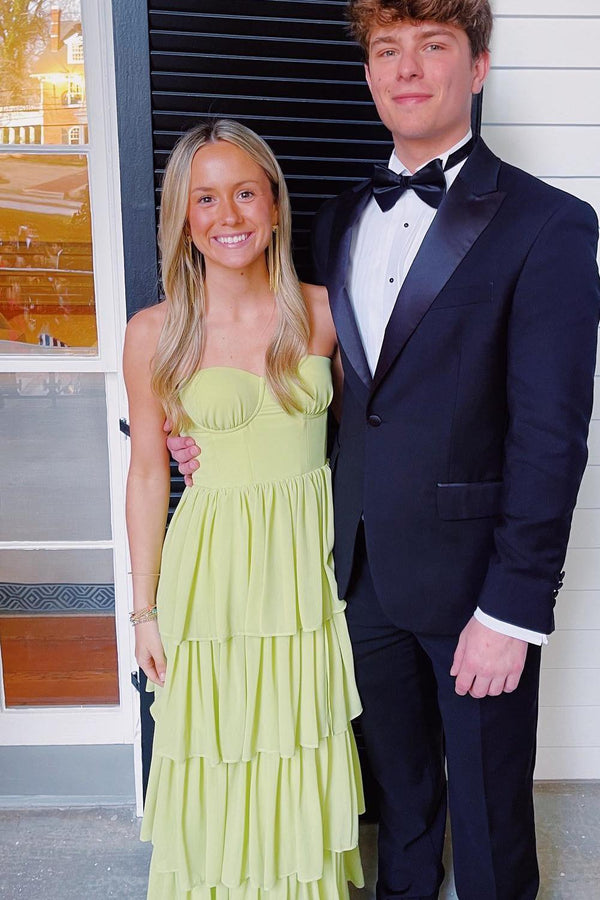 Apple Green Bustier Chiffon Tiered Maxi Dress