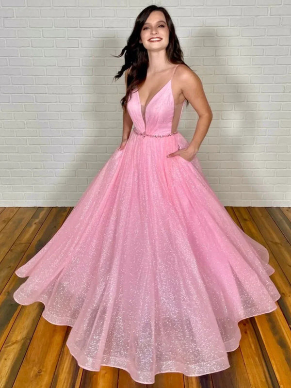 SSR1700, Sparkle Pink A-Line Prom Dresses, Spaghetti Straps V-Neck Evening Formal Gown