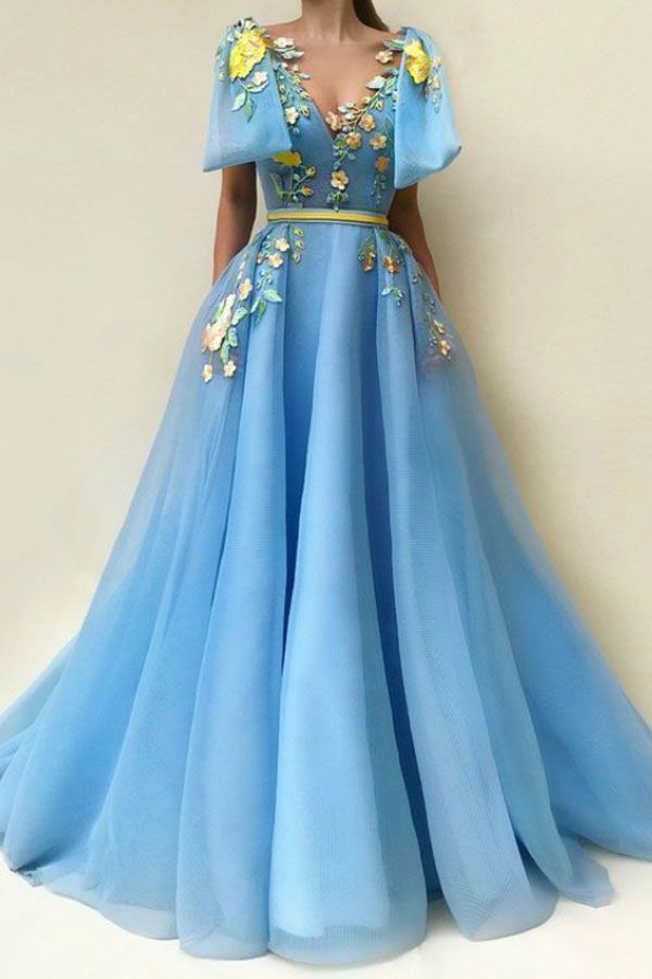 SSR0417,Beautiful Prom Dresses A Line Floor-length Sleeveless Pockets Embroidery Long Chic Tulle Prom Dress